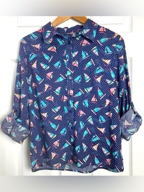 Talbots Petite Sailboat Print Button Down Blouse Navy Polka Dot Cotton • Size PM